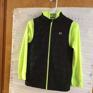 RUSSELL-  boy's zip up hoodie jacket  size 10/12 Lg  neon green , and black  EUC